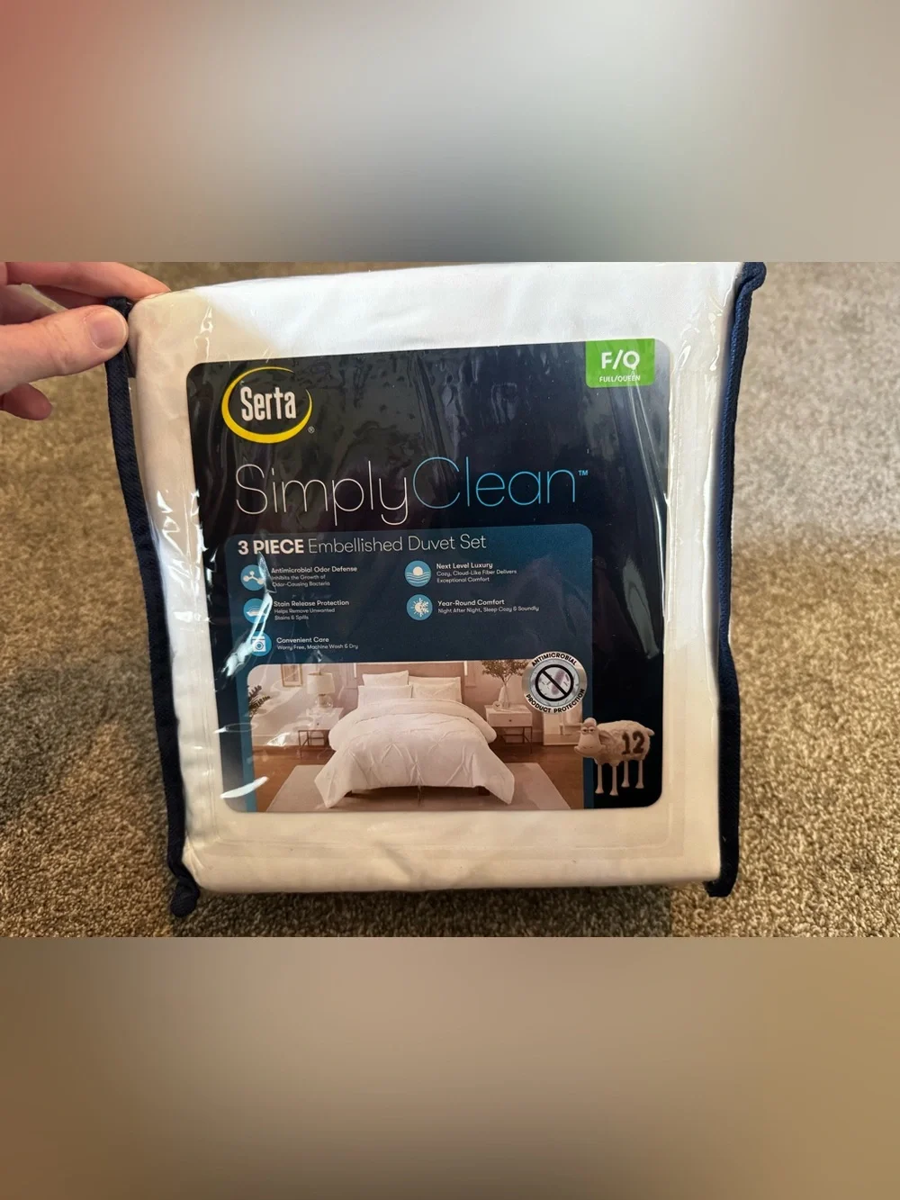 New Serta Simply Clean Pleated 3-Piece Solid Duvet Set, White, Full/Queen F/Q